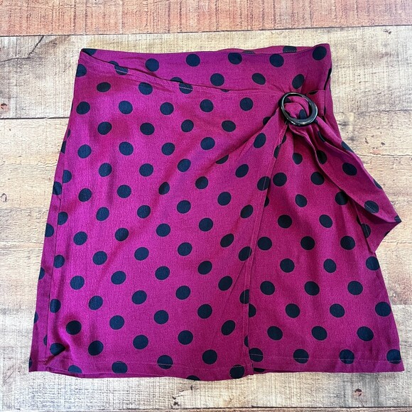 MNG Mango NEW Burgundy Black Polka Dot Faux Wrap Mini Skirt XS - Picture 11 of 11